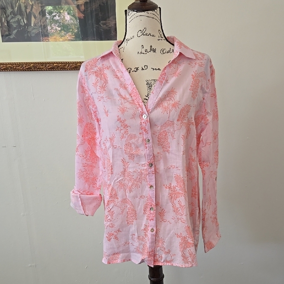 Cynthia Rowley Tops - Peacock Print Linen Button Down.